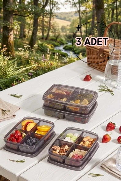 Bayev Füme 3 Adet 400 ml Mini Saklama Kabı - 4 Bölmeli Çerezlik Dondurulmuş Et Sebze Buzluk Organizer ürün görseli 1