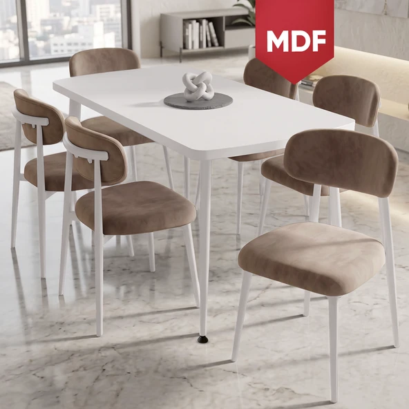 Runes Serisi MDF Sabit 80x130 Beyaz Mutfak Masası Takımı 6 Cappucino Sandalye ürün görseli 1