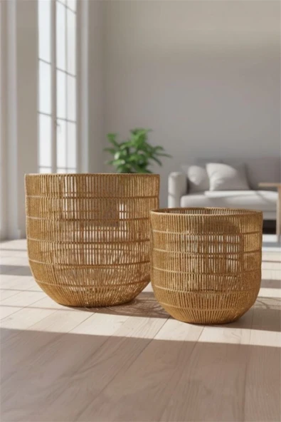 Bayev Favorite 9111 2'Li Rattan Dekoratif Sepet Seti - 2 Boy Hasır Saksılık Organizer Çamaşır Sepeti ürün görseli 1