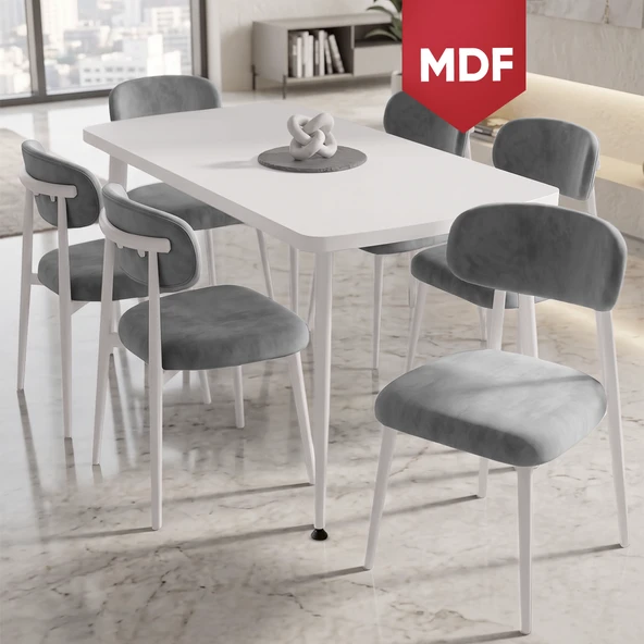 Runes Serisi MDF Sabit 80x130 Beyaz Mutfak Masası Takımı 6 Gri Sandalye ürün görseli 1