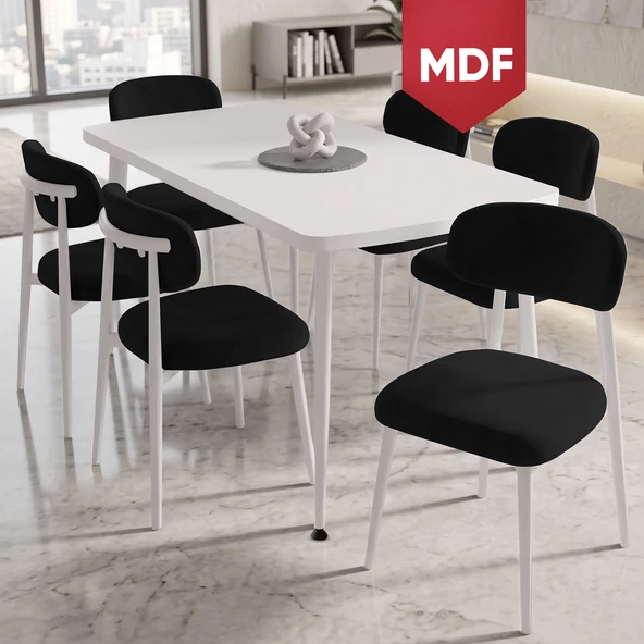 Runes Serisi MDF Sabit 80x130 Beyaz Mutfak Masası Takımı 6 Siyah Sandalye ürün görseli 1
