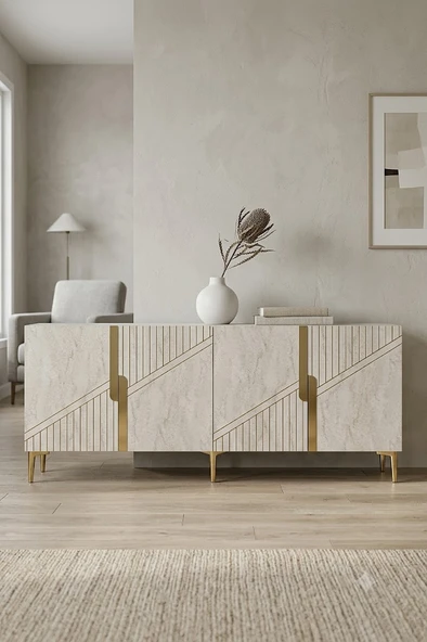 KA1528BTG EVVA Konsol ve Tv Sehpası Beyaz-Traverten-Gold 150cm ürün görseli 1