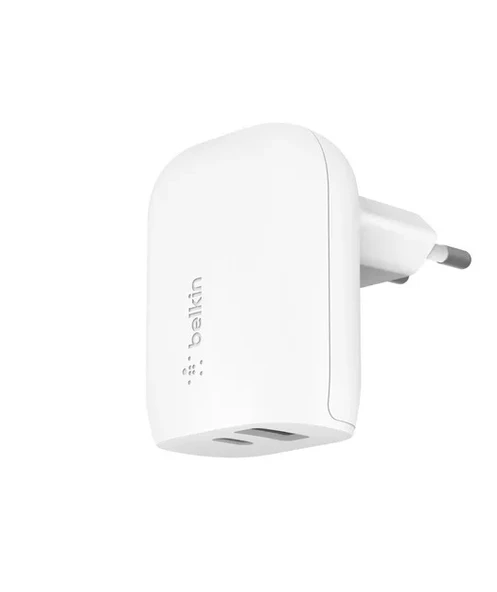 Belkin WCB007 BoostCharge 37W USB-C + USB-A Portlu Duvar Şarjı - Beyaz ürün görseli 1