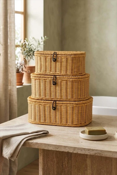 Bayev Lüks Modern 3 Boy Hasır Görünümlü Rattan Düzeneleyici Sepet ürün görseli 1