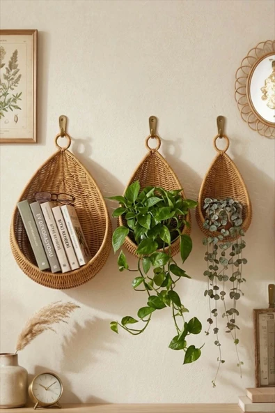 Bayev Favorite 9203 Rattan Örme 3 Boy Dekoratif Asılabilir Çiçeklik - 3'Lü Organizer Dekor Sepeti ürün görseli 1