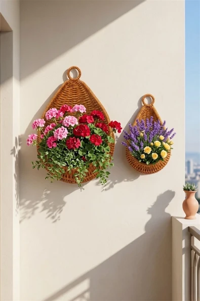 Bayev Rattan 332 2 Boy Dekoratif Asılabilir Çiçeklik Sepet Set - 2'Li Örgü Organizer Dekor Sepeti ürün görseli 1