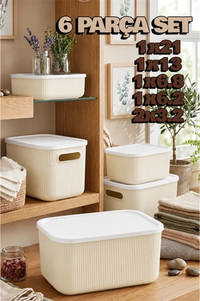 Bayev 6'lı Set Storage Krem Çok Amaçlı 5 Boy Dolap Içi Kapaklı Düzenleyici Kutu Dekoratif Saklama Kutusu ürün görseli 1