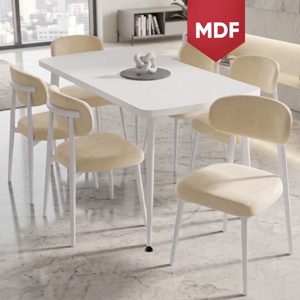 Runes Serisi MDF Sabit 80x130 Beyaz Mutfak Masası Takımı 6 Krem Sandalye ürün görseli 1