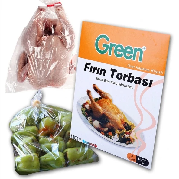ŞeyliŞeyler - Green Fırın Torbası 8'li 1 Paket (25x38 cm) Klipsli Tavuk Ve Sebze Pişirme Poşeti ürün görseli 1