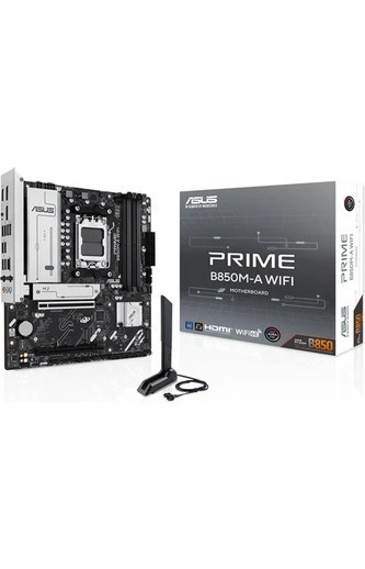 ASUS PRIME B850M-A WIFI AMD B850 AM5 DDR5 8000 2xDP HDMI 3x M2 USB3.2 WiFi 6E + BT AURA RGB 2.5Gbit LAN mATX 256GB’a kadar ram desteği, ürün görseli 1