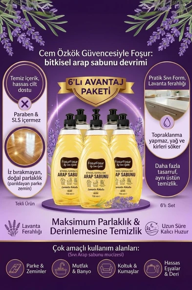Foşurfoşur By Cem Özkök Lavanta Kokulu Bitkisel Sıvı Arap Sabunu 750 ml 6 Adet ürün görseli 1