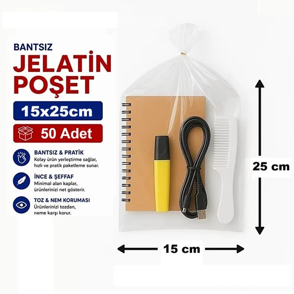 Jokey Ambalaj 15x25cm Berrak, Dayanıklı Bantsız Jelatin e-Ticaret, Aksesuar Saklama Poşeti (50 Adet) ürün görseli 1