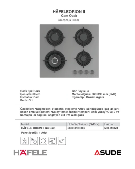 Hafele Orion Ankastre Set gri - Resim 4