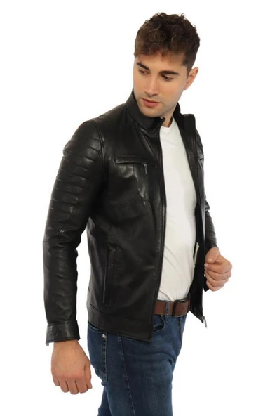 Hakiki Deri Siyah Andy Işlemeli Erkek Deri Ceket ürün görseli 1