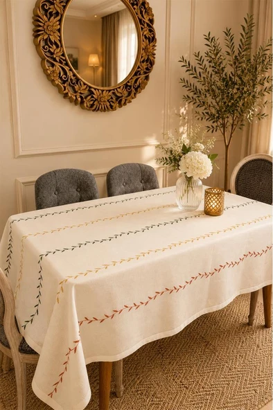 Anatolia Nakışlı Keten Masa Örtüsü Takımı 160x220 cm Krem ürün görseli 1