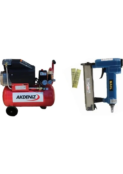 Akdeniz 24 Lt. Yağlı Hava Kompresörü+Nail 625-C3 06MM Havalı Pin Çivi Tabancası ürün görseli 1