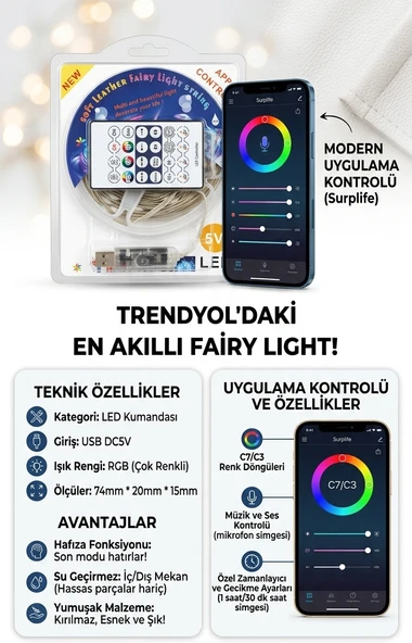 10 Metre App Kontrollü RGB LED Şerit Işık - Müzik Ses Sensörlü Işık Zinciri, Zamanlayıcı DEKORASYON ürün görseli 1