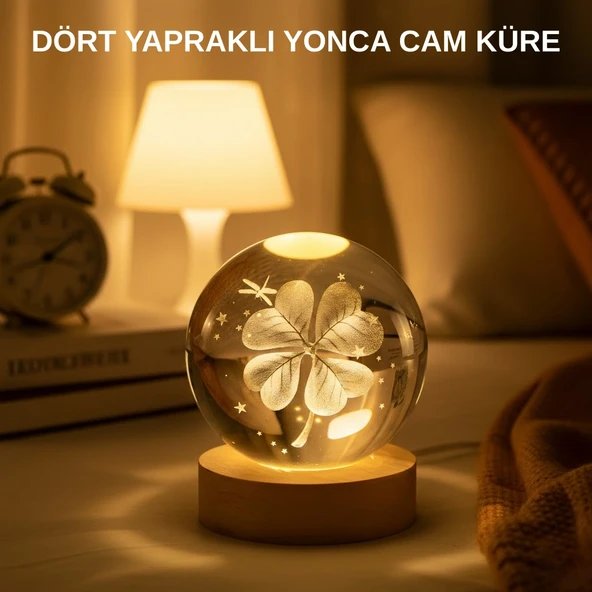 Usb Bağlantılı Yonca Bitkili Cam Küre Ahşap Altlıklı Dekoratif Lamba ürün görseli 1