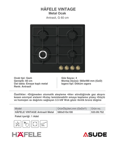 Hafele Vintage Ankastre Set  Antrasit Altın - Resim 4