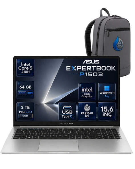 Asus Expertbook P1 P1503CVA Intel® Core™ 5 210H 64 GB DDR5 2 TB SSD 15.6'' FHD (1920 x 1080) 300NITS Windows 11 Pro Taşınabilir Bilgisayar P1503CVA-C516512G0DRNP27+ÇANTA ürün görseli 1