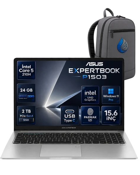 Asus Expertbook P1 P1503CVA Intel® Core™ 5 210H 24 GB DDR5 2 TB SSD 15.6'' FHD (1920 x 1080) 300NITS Windows 11 Pro Taşınabilir Bilgisayar P1503CVA-C56512G0DRNP11+ÇANTA ürün görseli 1