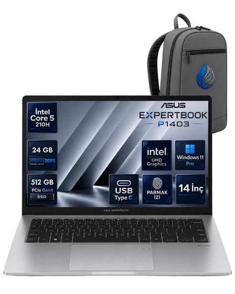 Asus Expertbook P1 P1403CVA Intel® Core™ 5 210H 24 GB DDR5 512 GB SSD 14'' FHD (1920 x 1080) 300NITS Windows 11 Pro Taşınabilir Bilgisayar C516512G0DRNP09+ÇANTA ürün görseli 1