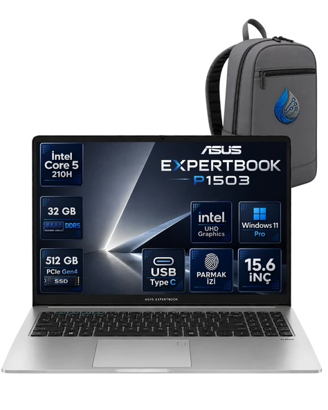 Asus Expertbook P1 P1503CVA Intel® Core™ 5 210H 32 GB DDR5 512 GB SSD 15.6'' FHD (1920 x 1080) 300NITS Windows 11 Pro Taşınabilir Bilgisayar P1503CVA-C516512G0DRNP13+ÇANTA ürün görseli 1