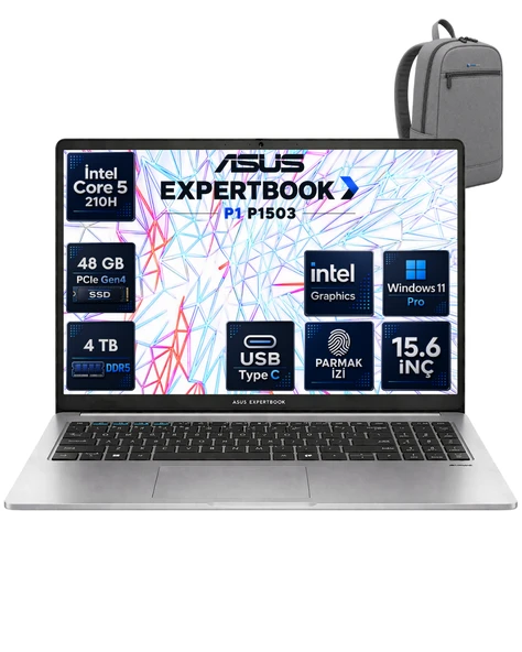 Asus Expertbook P1 P1503CVA Intel® Core™ 5 210H 48 GB DDR5 4 TB SSD 15.6'' FHD (1920 x 1080) 300NITS Windows 11 Pro Taşınabilir Bilgisayar C516512G0DRNP24 ürün görseli 1