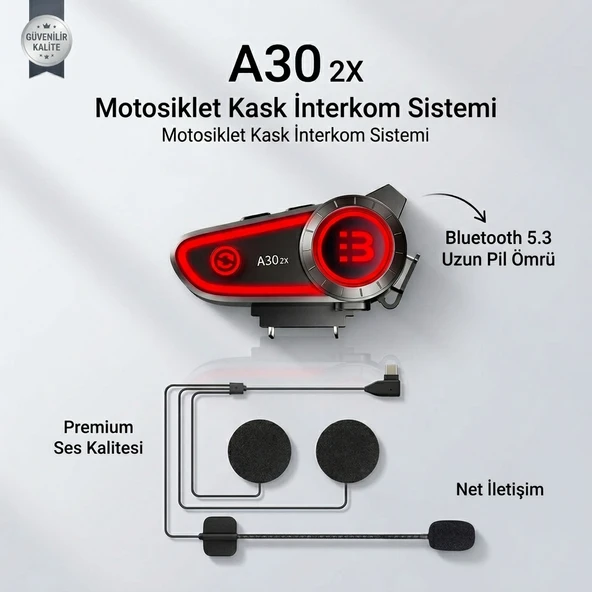 A30 2x BT5.3 Motosiklet Kurye Kask Kulaklık Intercom Işıklı 2 kişi Eşleşmeli ürün görseli 1