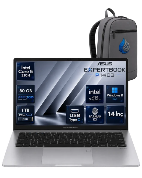 Asus Expertbook P1 P1403CVA Intel® Core™ 5 210H 80 GB DDR5 1 TB SSD 14'' FHD (1920 x 1080) 300NITS Windows 11 Pro Taşınabilir Bilgisayar C516512G0DRNP30+ÇANTA ürün görseli 1