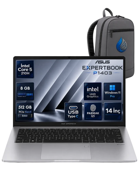 Asus Expertbook P1 P1403CVA Intel® Core™ 5 210H 8 GB DDR5 512 GB SSD 14'' FHD (1920 x 1080) 300NITS Windows 11 Pro Taşınabilir Bilgisayar C516512G0DRNP01+ÇANTA ürün görseli 1