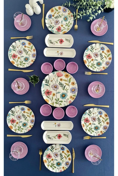 Hooly Home Flora model 6 kişilik 23 parça çay tabaklı kahvaltı takımı (mor) Mor ürün görseli 1