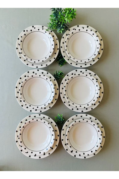 Hooly Home Siyah Kalp Model 12 Parça Modern Yemek Takımı (6 Çorba + 6 Yemek Tabağı) Siyah ürün görseli 1