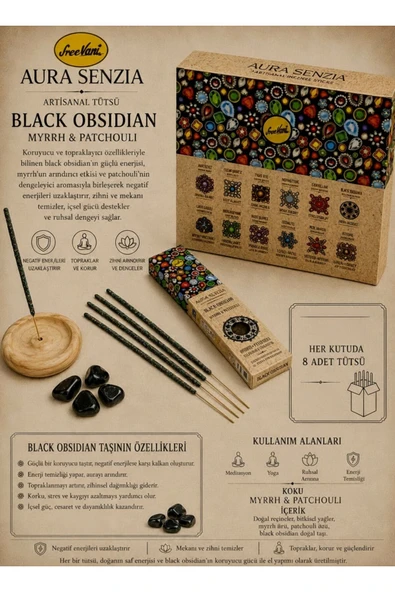 sree vani Aura Senzia Black Obsidian Myrrh & Patchouli VE BLACK OBSİSİAN DOĞAL TASI ürün görseli 1