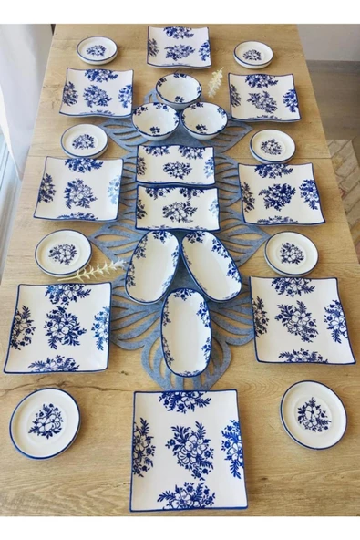 Hooly Home Yasemin Desen 8 Kişilik 24 Parça Uzun Sunumlu Çay Tabaklı Kahvaltı Takımı Mavi ürün görseli 1