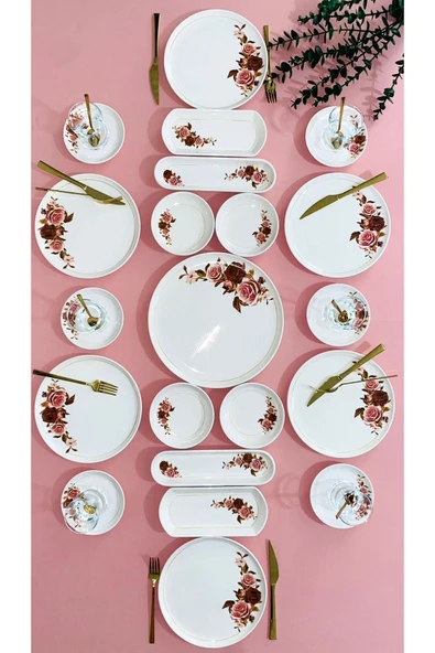 Hooly Home Gülpembe Model 6 Kişilik 21 Parça Kahvaltı Takımı Pembe ürün görseli 1