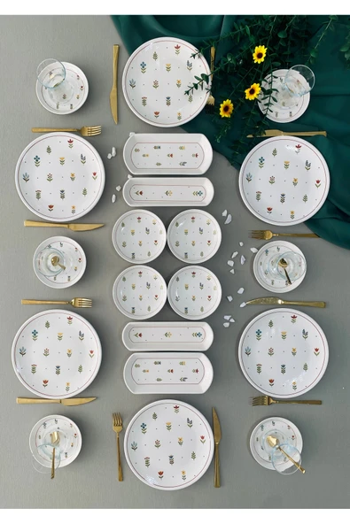 Hooly Home Pastel bahçe model 6 kişilik 20 parça çay tabaklı kahvaltı takımı Beyaz ürün görseli 1