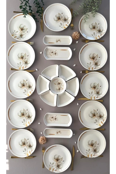 Hooly Home Nevruz Model Rölyefli 12 Kişilik 23 Parça Modern Kahvaltı Takımı Altın ürün görseli 1