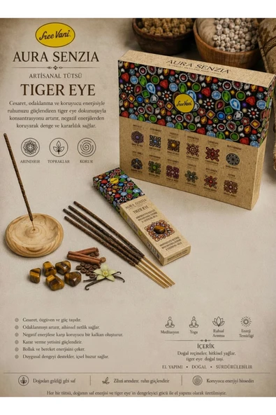 sree vani Aura Senzia Tiger Eye Cinnamon & Coffee Vanilla Tütsü ve TIGER EYE DOĞAL TASI ürün görseli 1