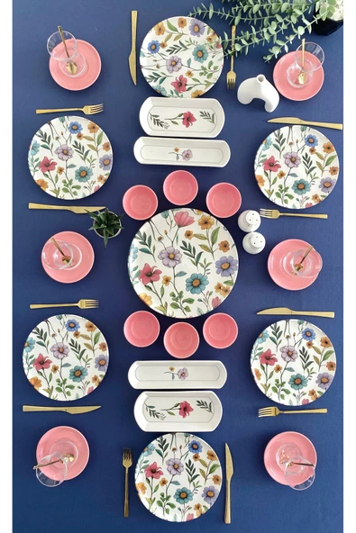 Hooly Home Flora model 6 kişilik 23 parça çay tabaklı kahvaltı takımı (pembe) Pembe ürün görseli 1