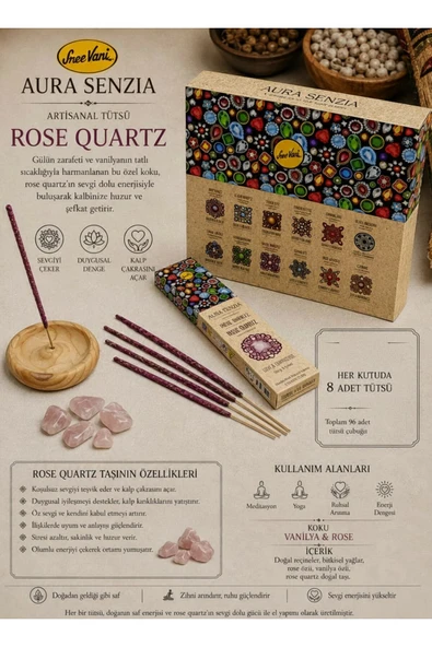 sree vani Aura Senzia Rose Quartz Vanilla & Rose Tütsüsü ve ROSE QUARTZ DOĞAL TASI ürün görseli 1