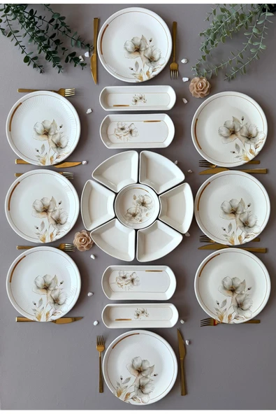 Hooly Home Nevruz Model Rölyefli 8 Kişilik 19 Parça Modern Kahvaltı Takımı Altın ürün görseli 1