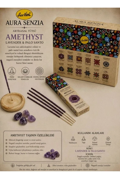 sree vani Aura Senzia Amethyst Lavender & Palo Santo tütsüsü ve Amethyst Doğal Taş ürün görseli 1