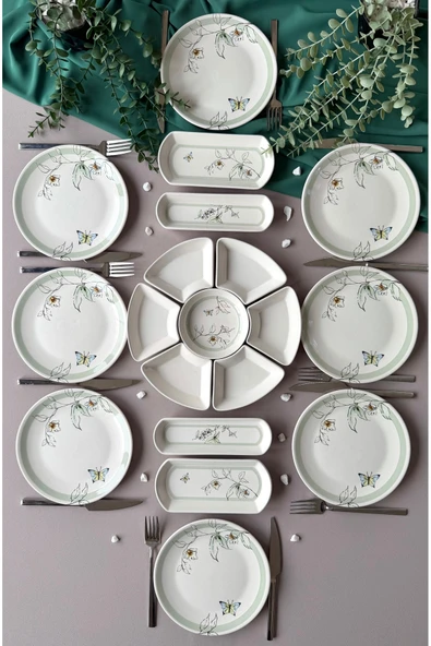 Hooly Home Nazende Model Rölyefli 8 Kişilik 19 Parça Modern Kahvaltı-Brunch Takımı Yeşil ürün görseli 1