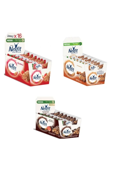 Nestle Nesfit Çilekli ,Karamelli, Bitter Çikolatalı Tam Tahıllı Bar 23,5 gr x 16 Adet ürün görseli 1