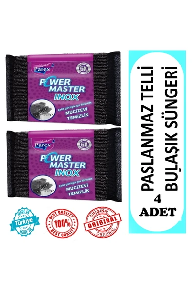 Parex POWER MASTER İNOX PASLANMAZ ÇELİK TELLİ BULAŞIK SÜNGERİ 4 ADET ürün görseli 1
