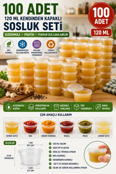 100'lü Set I 120 Ml Kendinden Kapaklı Sosluk Saklama Kabı 50’li Set Sızdırmaz Şeffaf PP Plastik ürün görseli 1