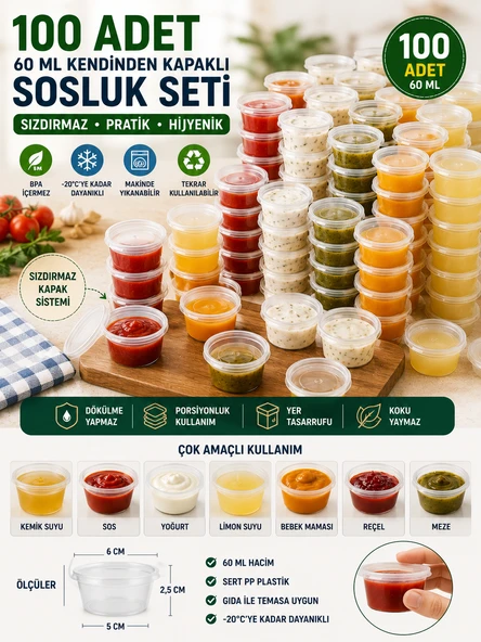 100'lü Set 60 ML Kendinden Kapaklı Sosluk Set Sızdırmaz BPA İçermez Tekrar Kullanılabilir ürün görseli 1