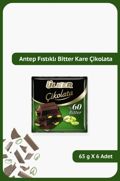 Ülker %60 Bitter Antep Fıstıklı Kare Çikolata - 65 gram - 6 Adet ürün görseli 1