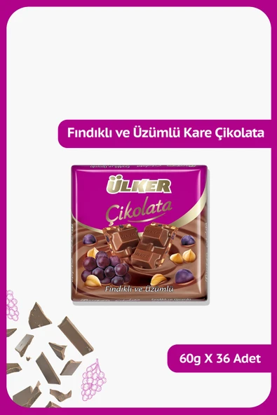 Ülker Üzümlü Fındıklı Sütlü Kare Çikolata - 60 gram - 36 Adet ürün görseli 1